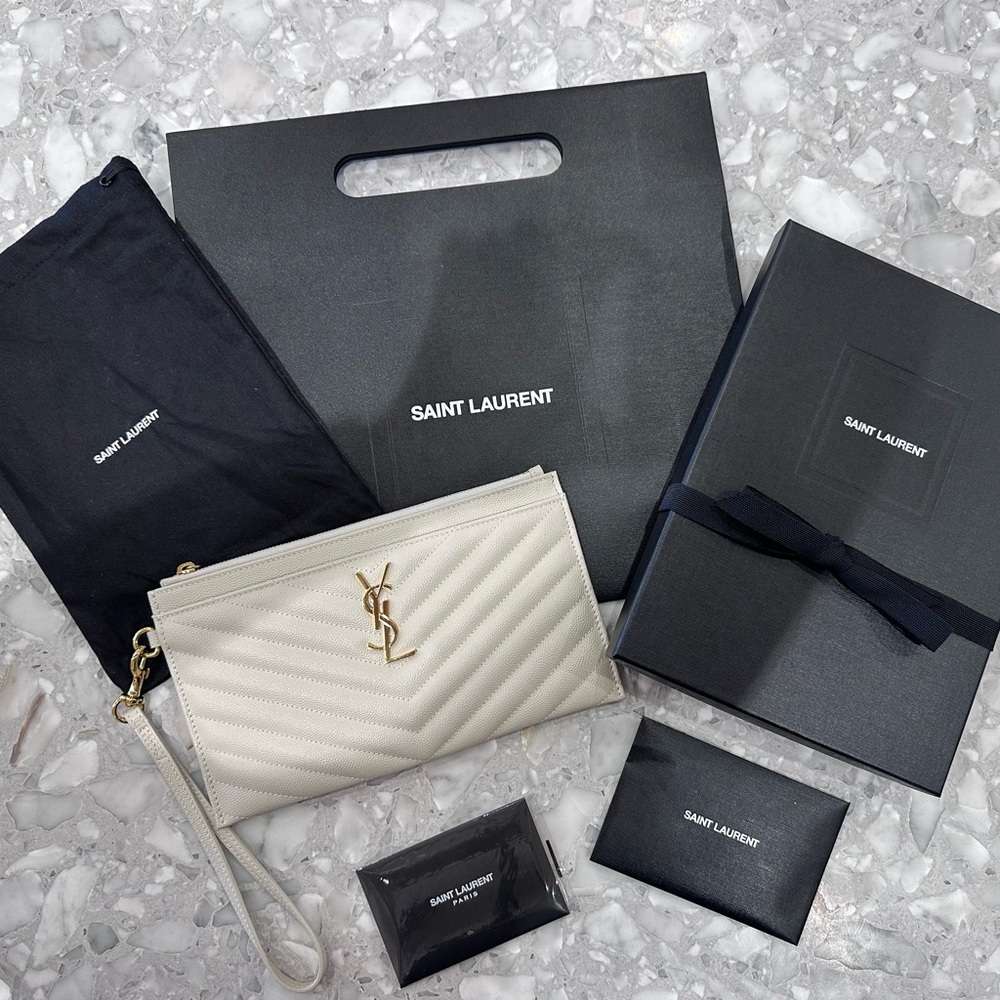 New Full Set- AuthenticSaint Laurent pouch & strap Wristlet Purser Blanc Vintage